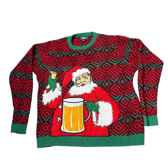 33 Degrees Beer Santa Ugly Christmas Sweater Mens Size L Red Green Holiday Dad - Picture 1 of 9
